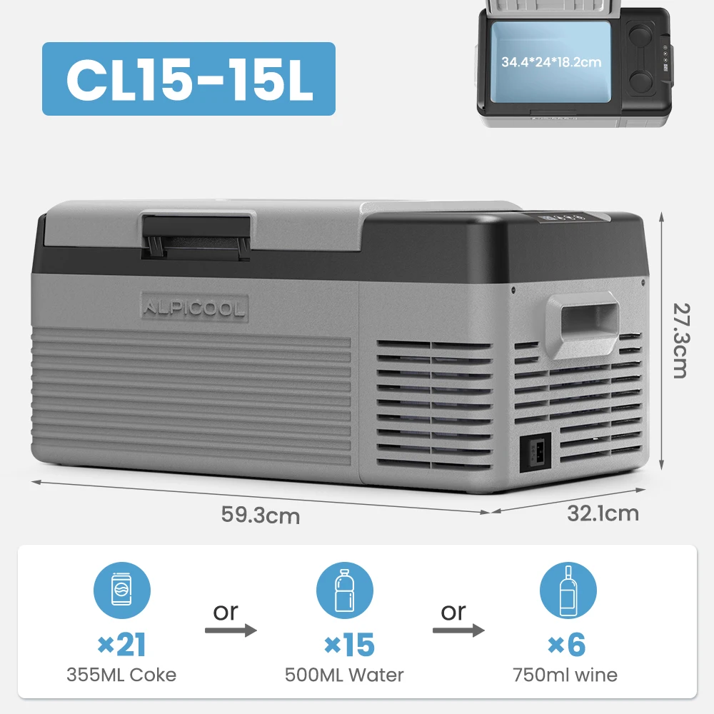 Alpicool CL15 15L Auto Koelkast 12V Compressor Koelkast Mini Vriezer 12/24V DC 100-240V AC Draagbare Koeler voor Kamperen en Reizen