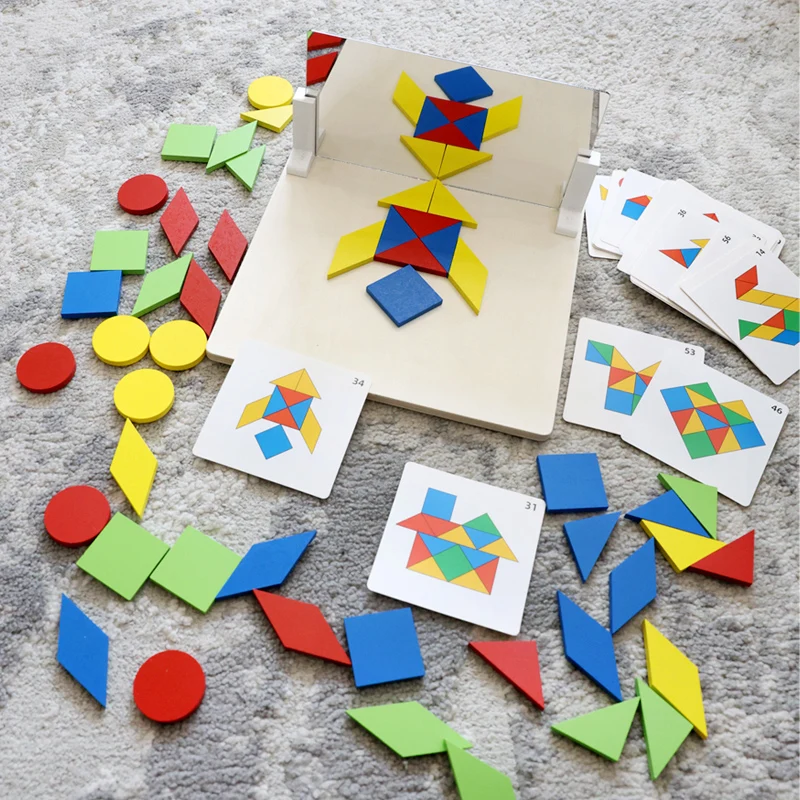 Giocattolo puzzle a specchio Montessori per bambini Giocattoli educativi precoci in legno Pensiero logico Allenamento spaziale Gioco cerebrale Giocattolo da viaggio Regali