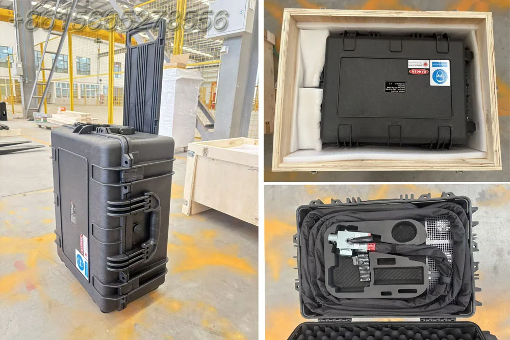 Zdjęcie 6: Przenośny laserowy czyścik impulsowy AccTek JPT 300W typu walizka, laser światłowodowy z asystą pozycjonowania, odporny na warunki atmosferyczne, walizka Pelican.