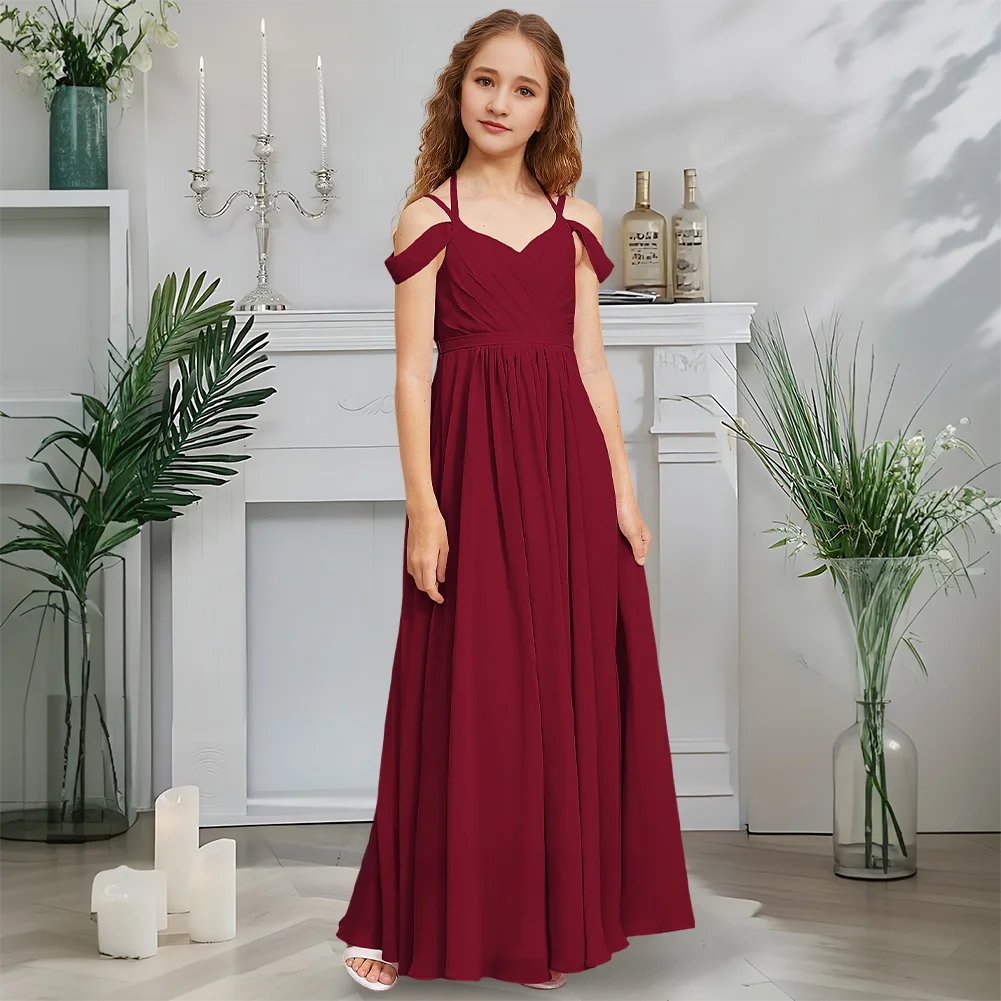 Vestido de dama de honor junior con hombros descubiertos, vestido de niña de flores con rubor para niños, corte en A, largo hasta el suelo, gasa, jardín, gala, fiesta de boda