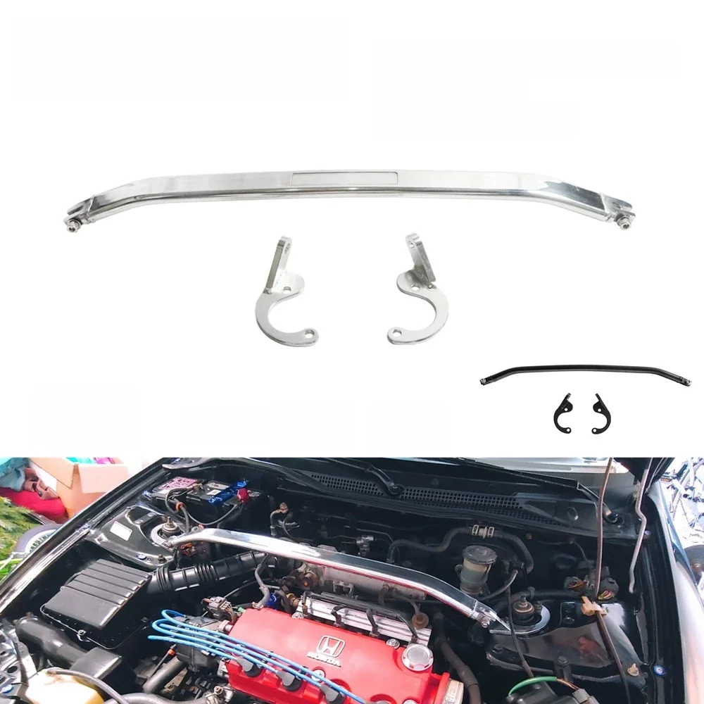 Przedni drążek kolumny do 92-00 Honda Civic EG EK 93-97 Del Sol 94-01 Integra DC2 Przedni górny drążek kolumny Aluminiowy srebrny/czarny — zdjęcie 2
