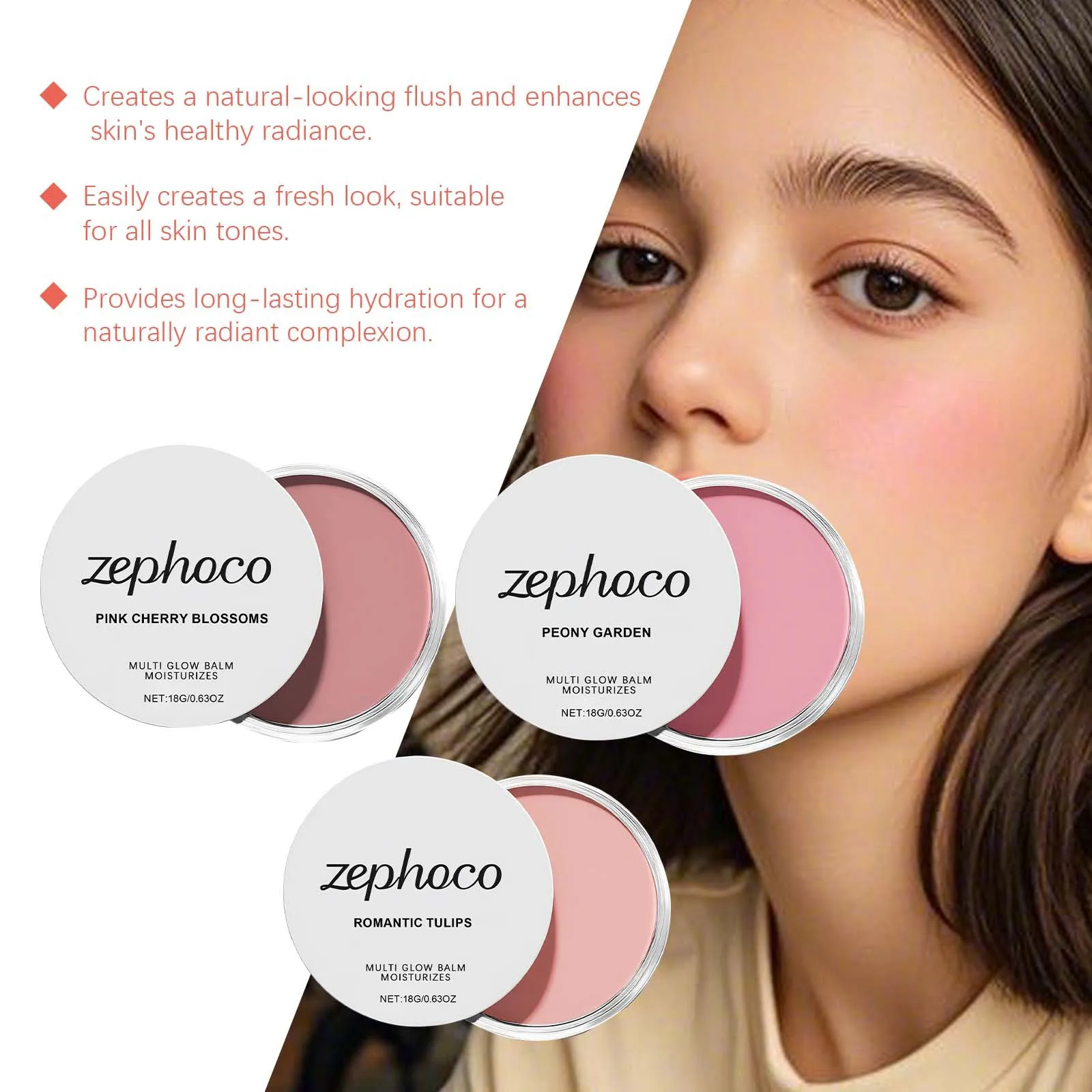 Zephoco 18g Powder Blusher Cream Daily Natural Cheek Tint Glossy Delicate Easy To Makeup Lightweight Lasting Powder Blusher Balm