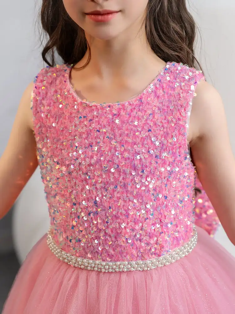 Girl's Tulle Sequins Ball Gowns With Pearls & Bowknot Sleeveless A line Girl Dresses For Wedding & Birthday Party