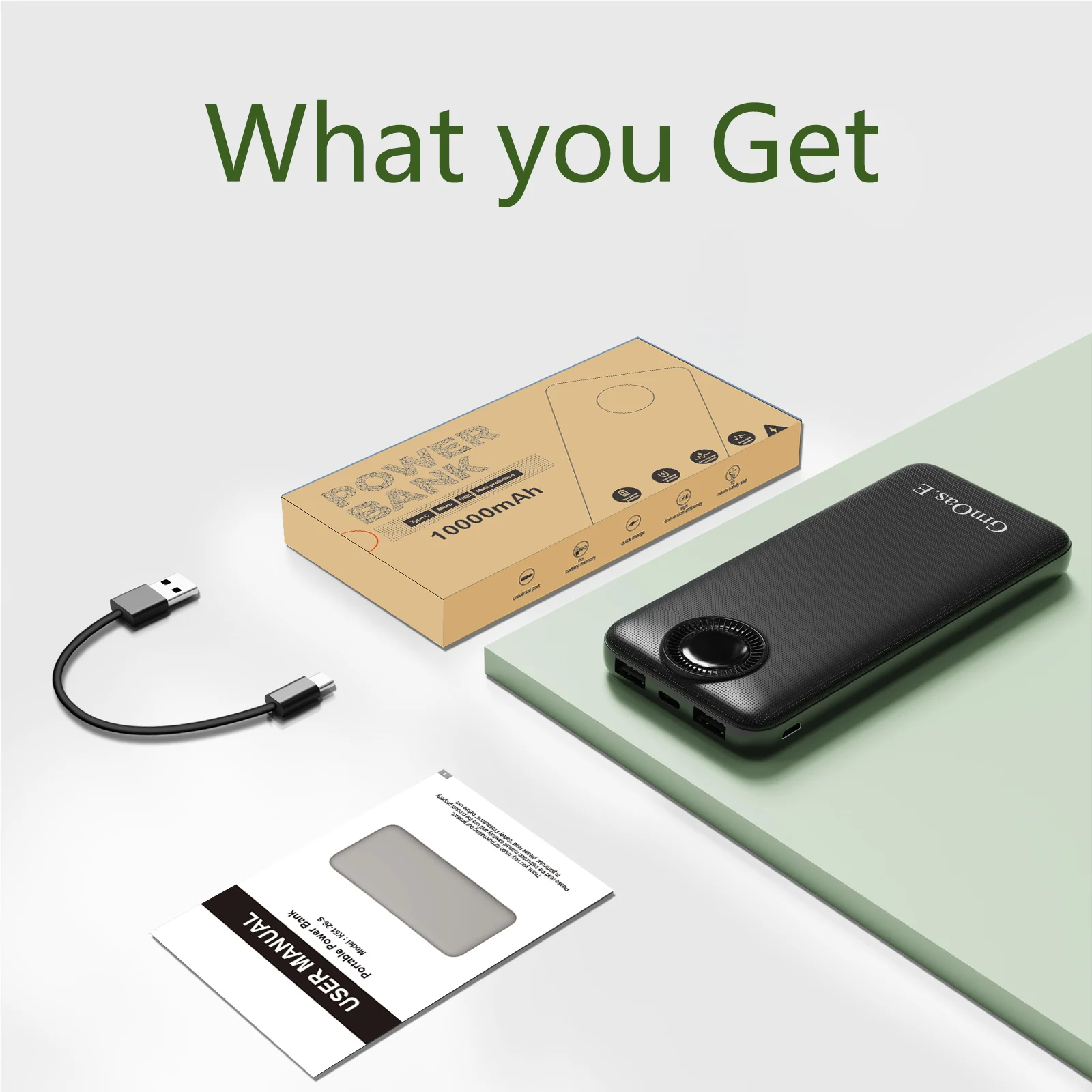 Cargador portátil de 10000 mAh, cargador de viaje con USB-C 2.4A, carga rápida para iPhone 16, Samsung, Android, negro brillante