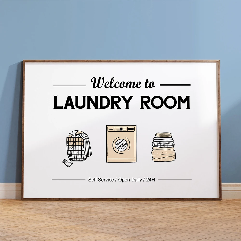 Self Service Laundry Room Wall Art Print Laundry Symbol Canvas Painting Wash Dry Fold Posters and Prints Wall Picture Decoration