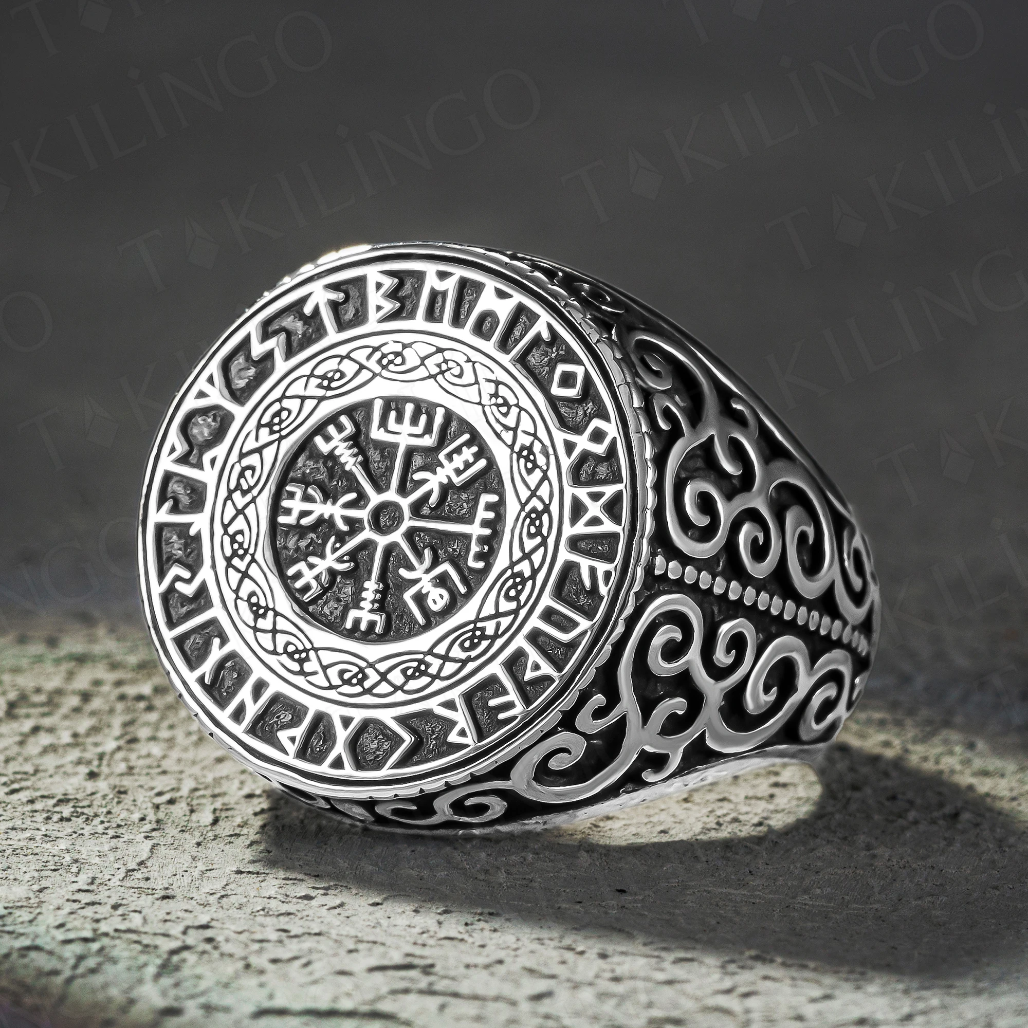 

Solid 925 Sterling Silver Vegvisir Compass Signet Ring Nordic Viking Men's Ring Jewelry For Men