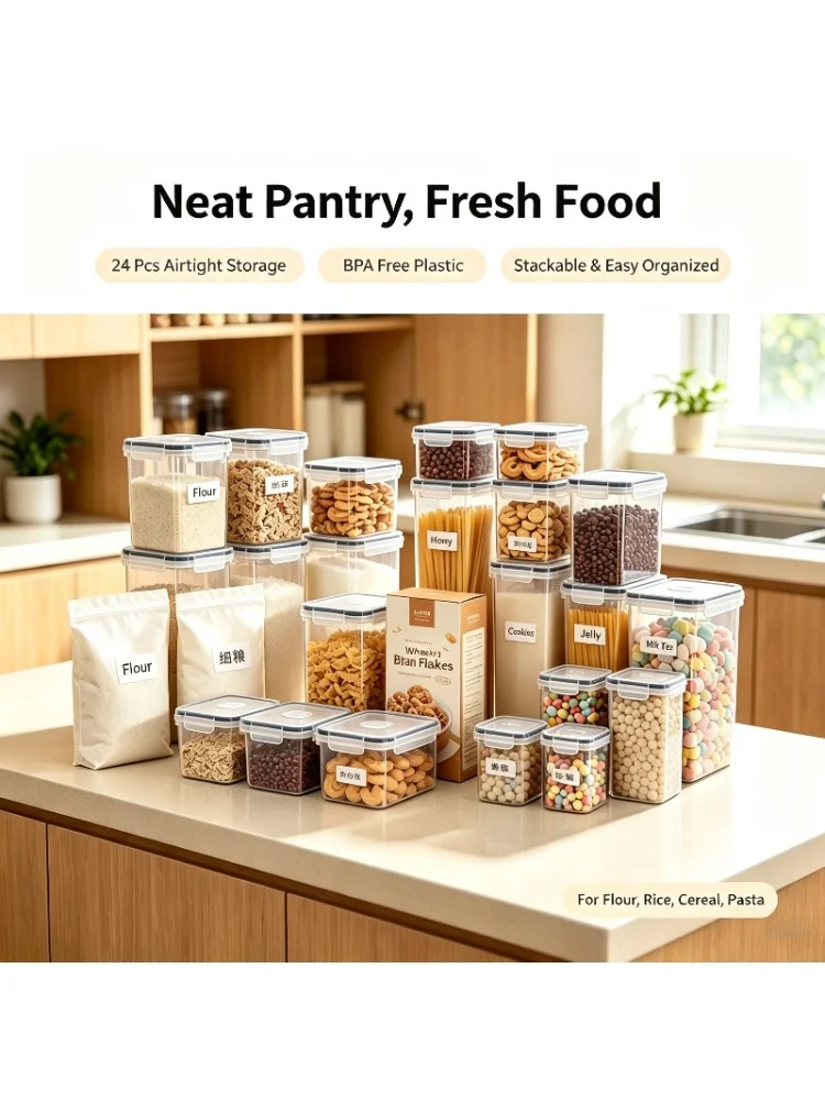 24‑Pack Airtight Food Storage Containers with Grey Lids, BPA‑Free Stackable Plastic Kitchen Pantry Organizer for Dry Food Flour Rice Pasta Cereal, Come with 24 Chalkboard Labels & Marker