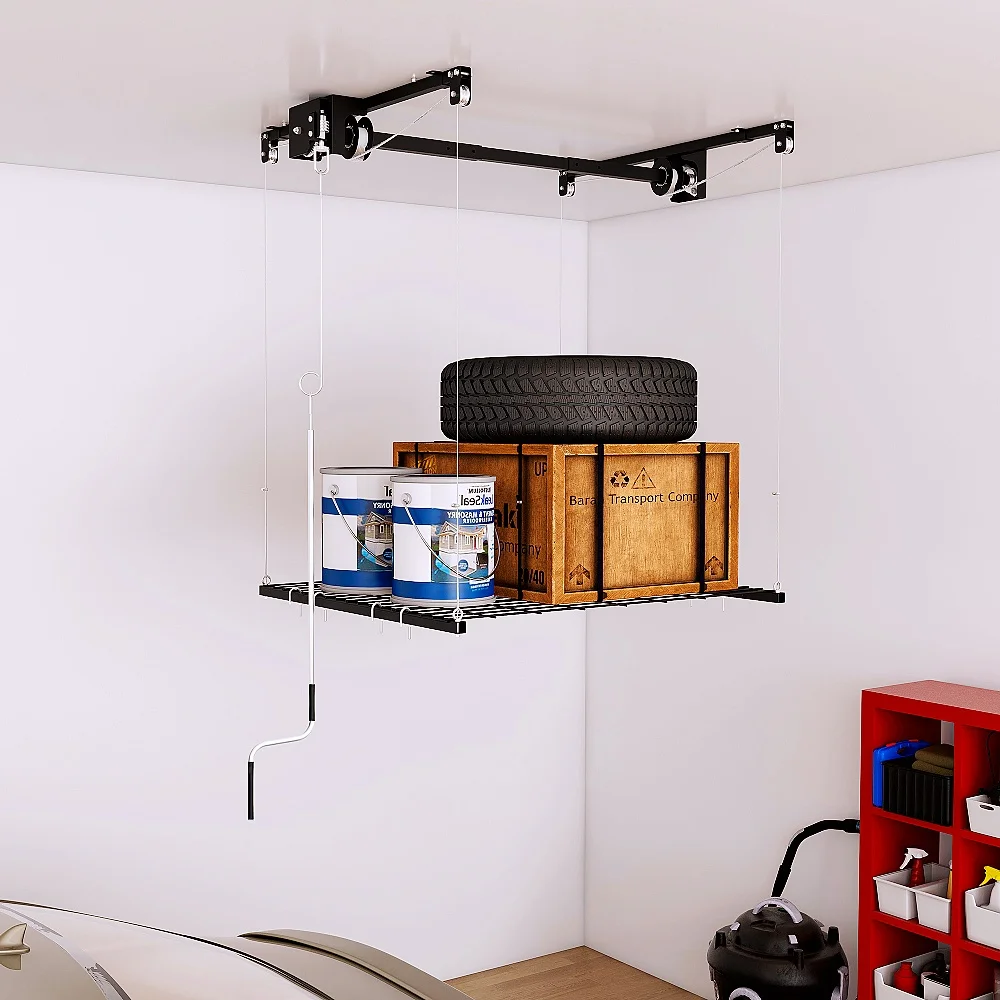 Zwaarbelastbaar garage-opslagrek, 1,2x1,2m, krukkenhefsysteem, gewicht 113kg, geschikt voor ruimtes met een hoogte van 3-3,6m, vereist handmatige veiligheidsvergrendeling, dient zelf te worden