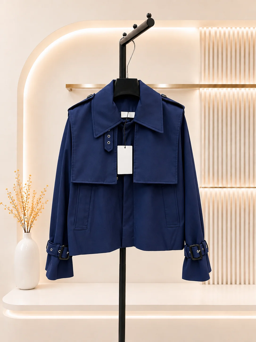 2026 Women Trench Coat Cropped Overlay Panel Lapel Jacket Custom Trench Fabric Structured Texture Cuff Strap Buckles