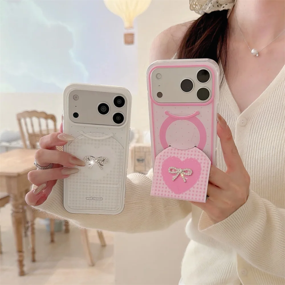 

Korean Plaid Diamond Bow With Fold Stand Phone case for iPhone 17 Pro 15 13 14 16 Pro Max Cover Simple Polka Dot Shockproof Fund