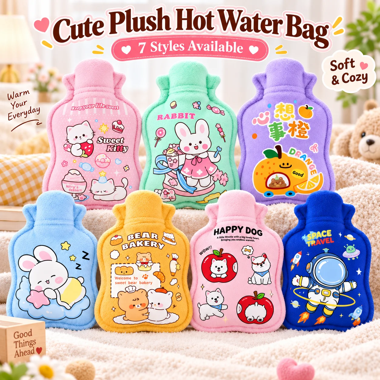 1PC Hot Water Bottle Cute Plush Cartoon Cover Warm Water Bag Portable Reusable Hand Warmer Winter Home Gift