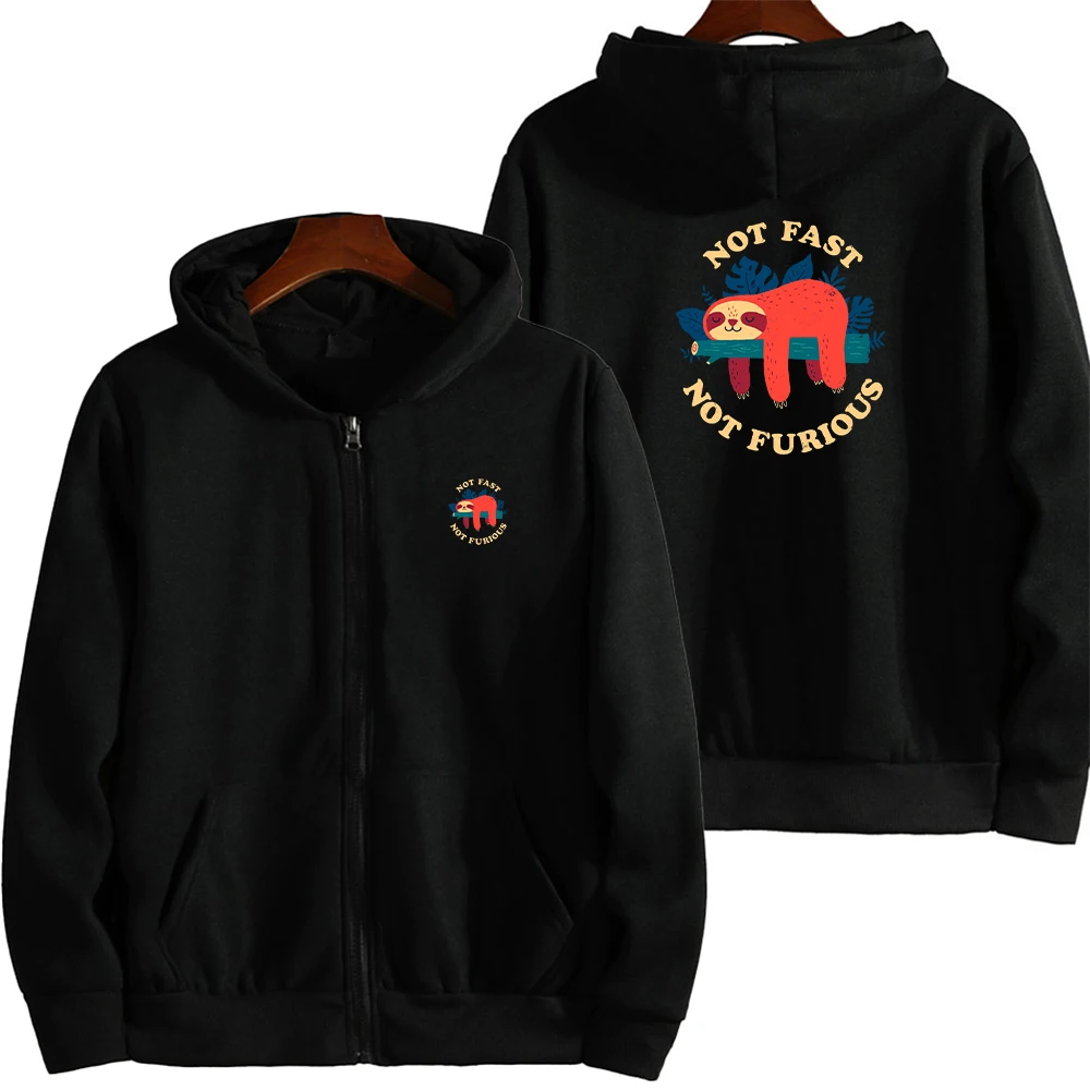 Não rápido não furioso preguiça bonito impressão moletom com capuz masculino rua moda jaqueta feminina casual outono e inverno zíper topo