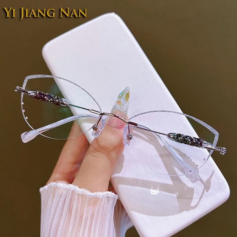 

Women Cat Eye Luxury Fashion Eyewear Diamond Trimmed Optical Glasses Frame Rimless Titanium Prescription Spectacles Eyeglasses