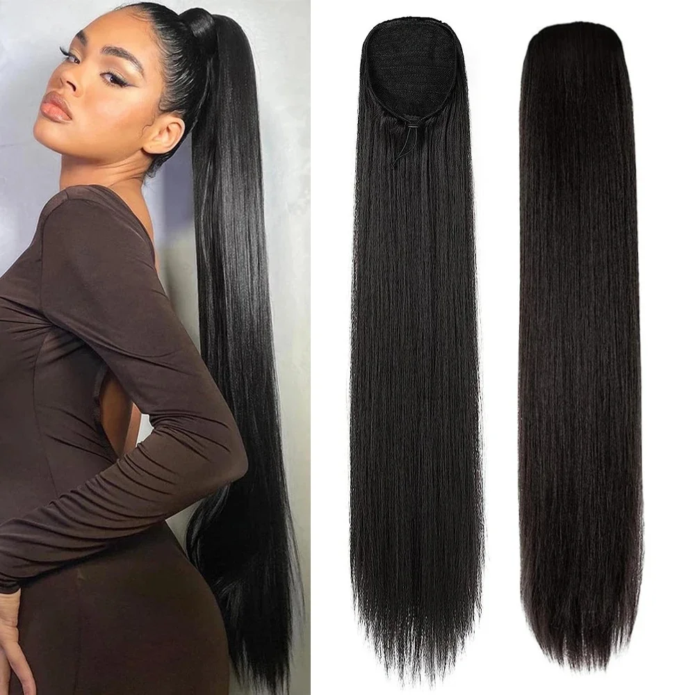 Queue de cheval noire naturelle longue et droite de 36 pouces avec cordon de serrage - Extension synthétique facile à attacher pour femme pour un look volumineux