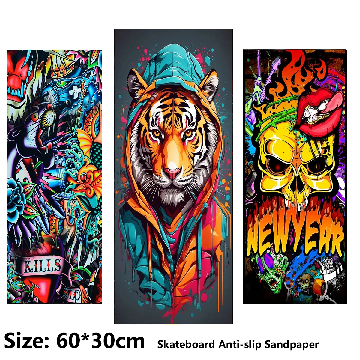 

Colorful Graffiti Cool Tiger Pattern Electric Scooter Anti-slip Sticker Sandpaper Skateboard Grip Tape Sheet 60*30cm