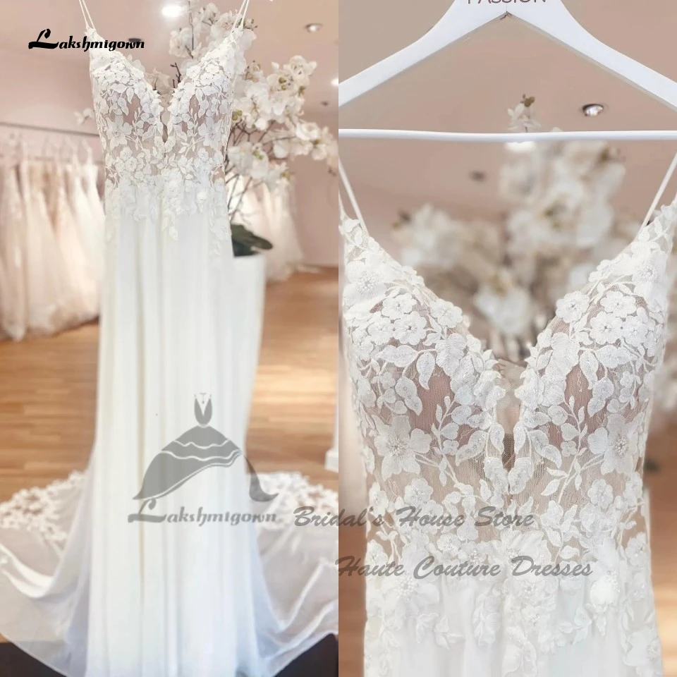 Sexy chiffon vestido de casamento boho 2024 personalizado elegante longo nupcial praia vestidos de casamento floral rendas apliques cintas de espaguete