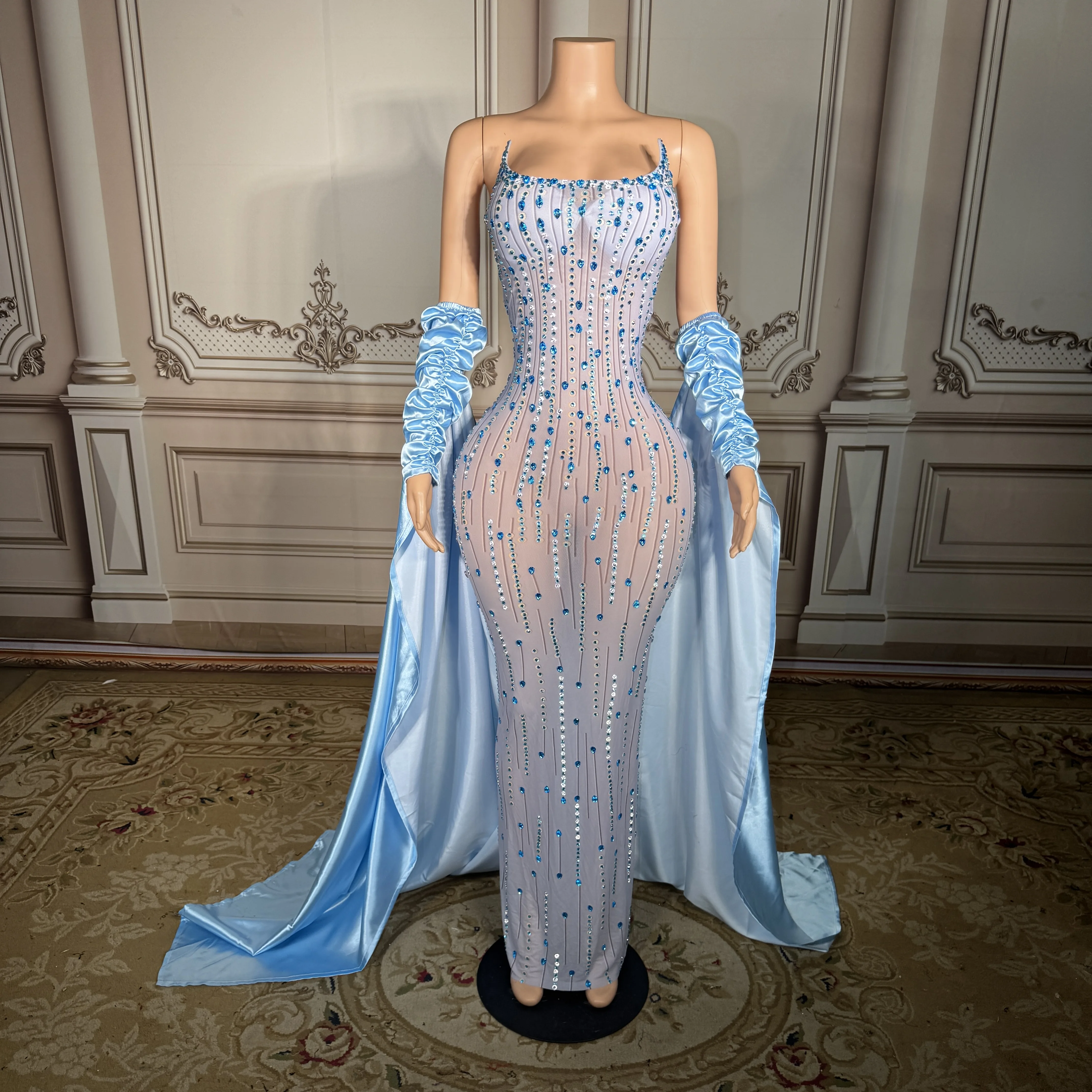 Sexy Mesh Sheer Bodycon Dress - ZD Women Light Blue Vertical Rhinestone