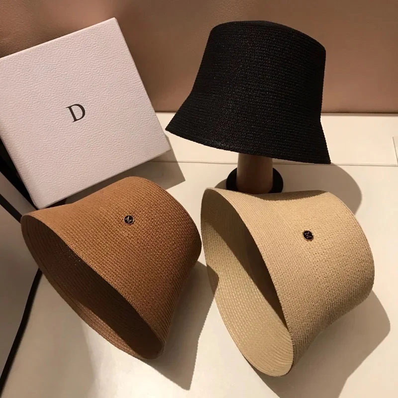 Chapeau de tissage de paille M de styliste japonais, protection solaire de voyage décontractée d'été, chapeau de soleil à visage mince pour femmes, chapeaux seau simples de luxe Panama