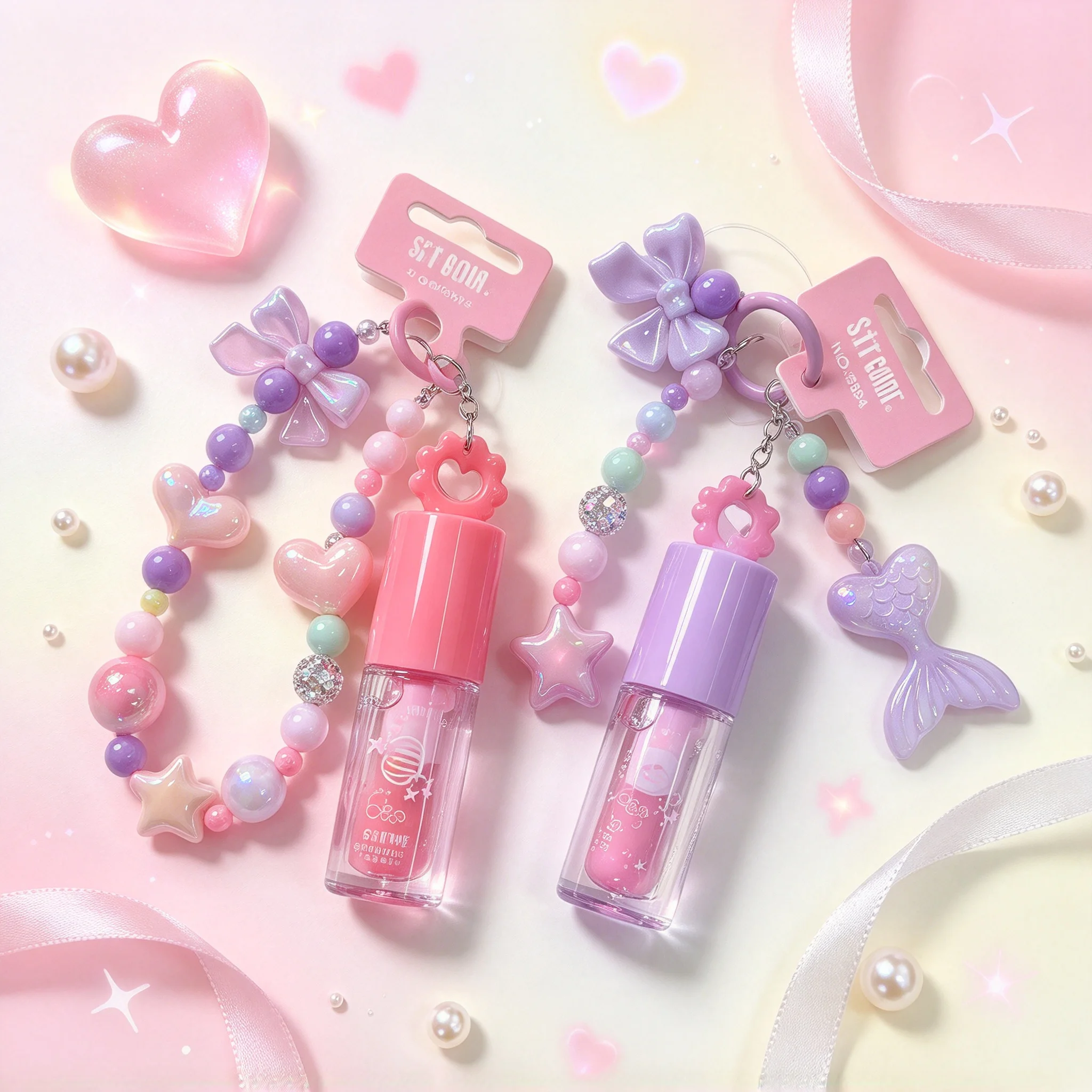 S.F.R Color Bow Beaded Bracelet Lip Gloss Keychain with Moisturizing Lip Oil Portable Makeup Bag Charm for Lipstick Accessories