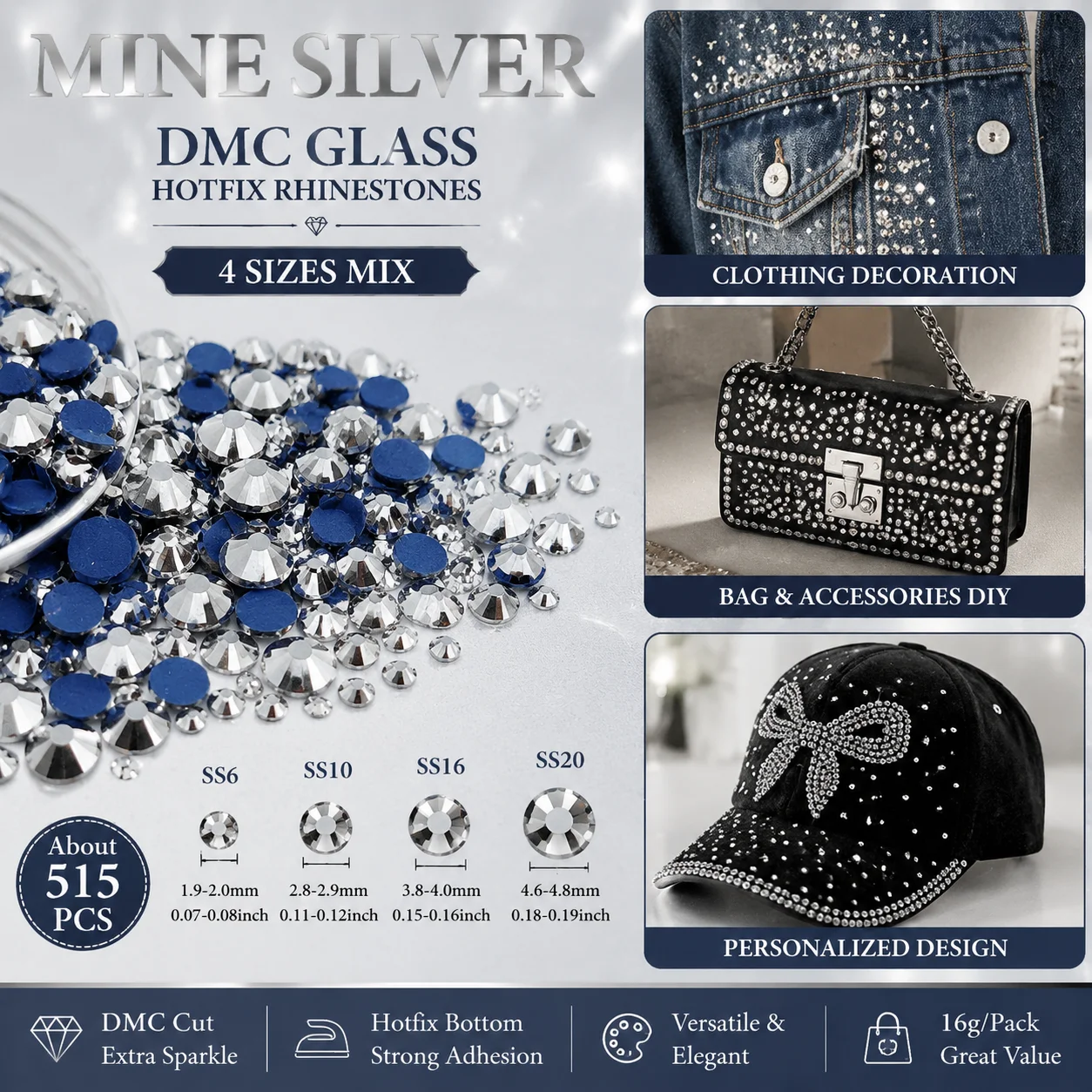 DMC Glass Hotfix Rhinestones 515Pcs Mixed Sizes SS6-20 Mine Silver Mine Gold Champagne Black Diamond for DIY Crafts Clothing