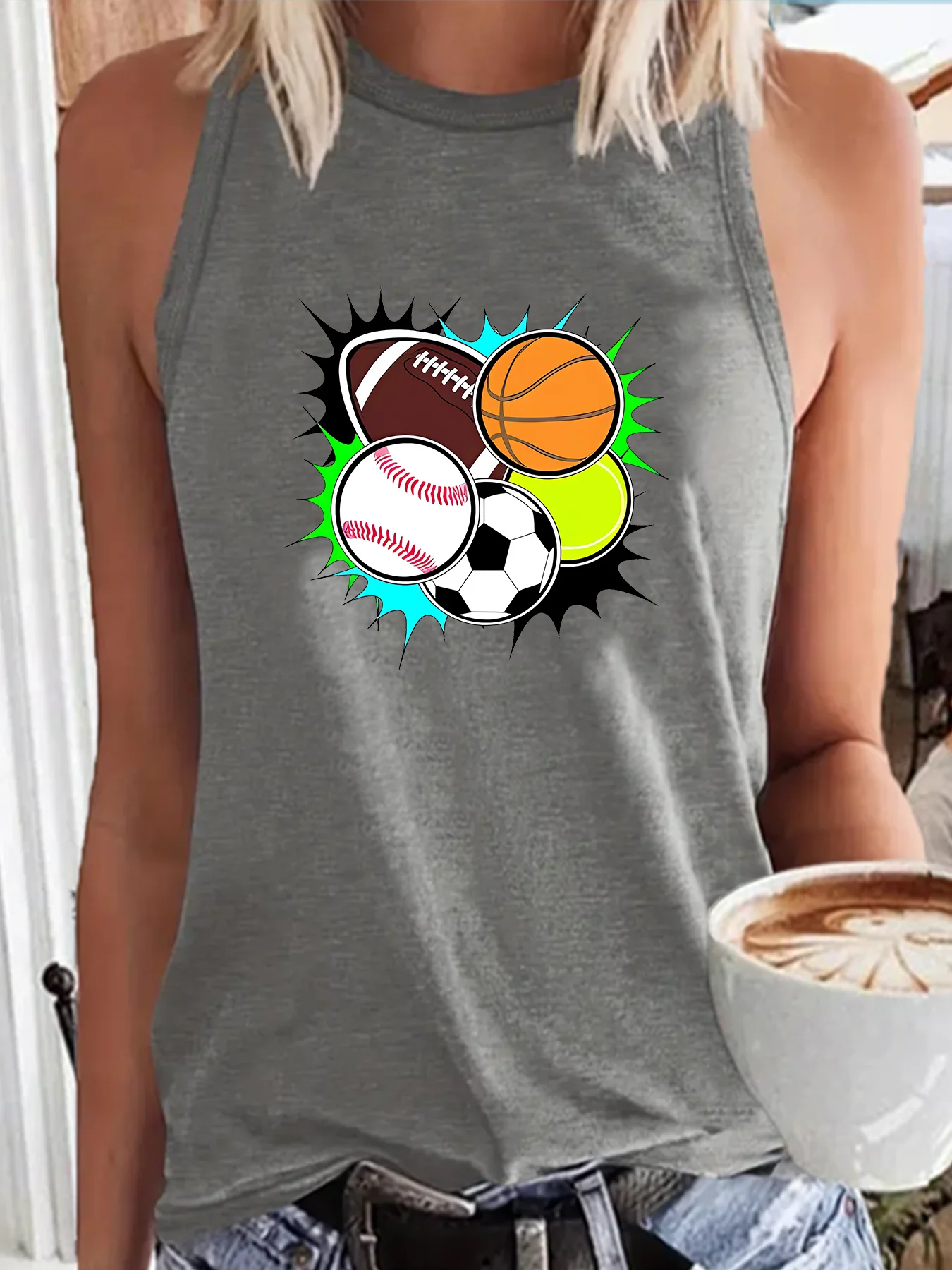 Cartoon Balls Print  Casual Lightweight Comfy Funny Fashion Funny Sports Women's Tank Top Loose O Neck Sleeveless Casual Tank