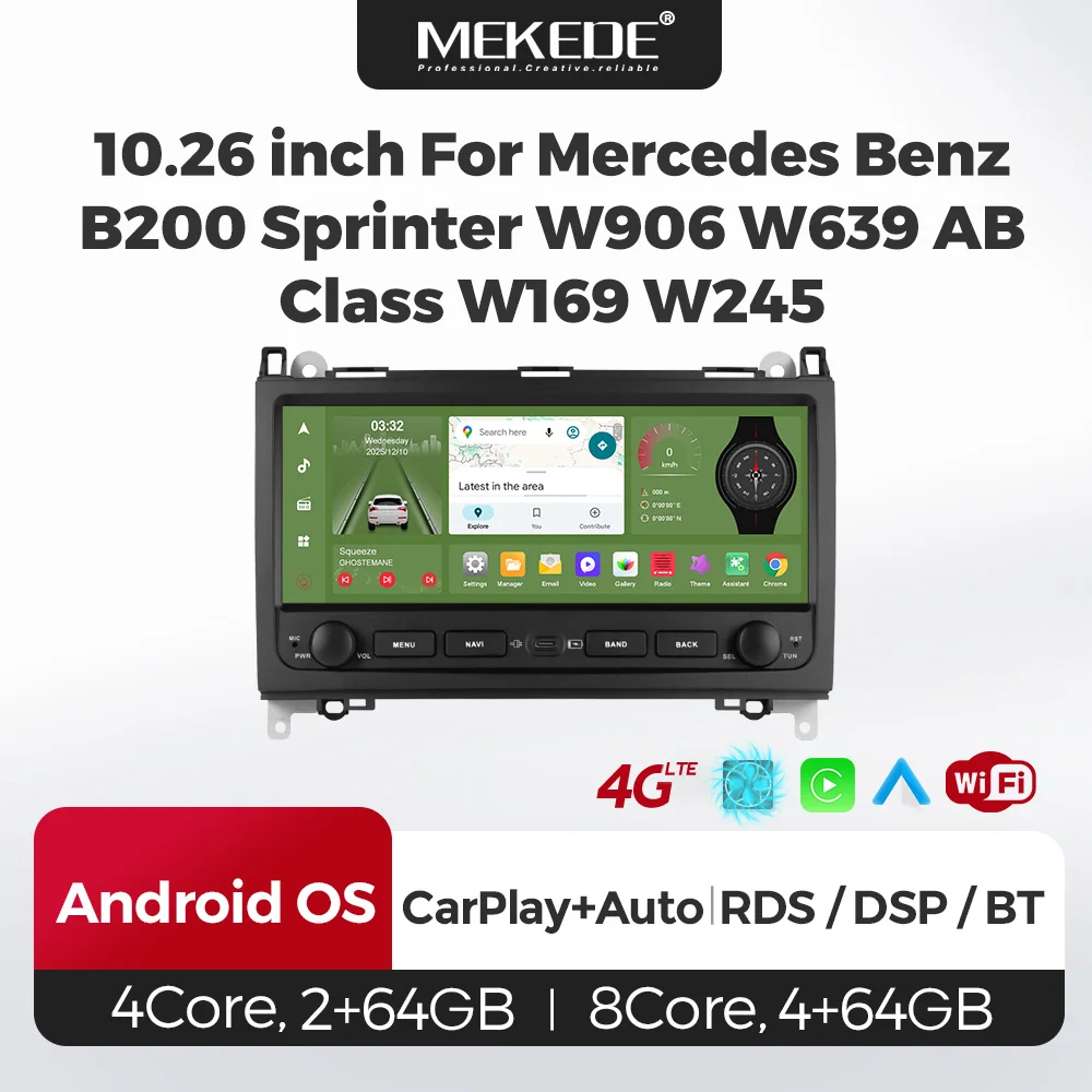 Mekede, autoradio Android 15 da 10,26 pollici, 4G+64G, per Mercedes-Benz W169, W245, B200, W906, Sprinter, W639, con Carplay wireless, navigazione GPS e sistemi intelligenti.