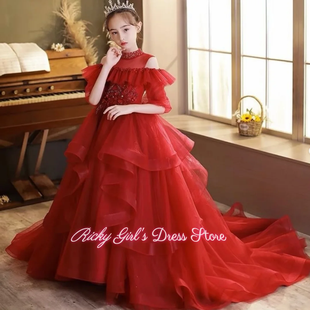 Girls Burgundy Beaded Princess Gown Stage Performance Wear Elegant Sequin Off Shoulder A-Line Long Dresses For Kids 2-14y
