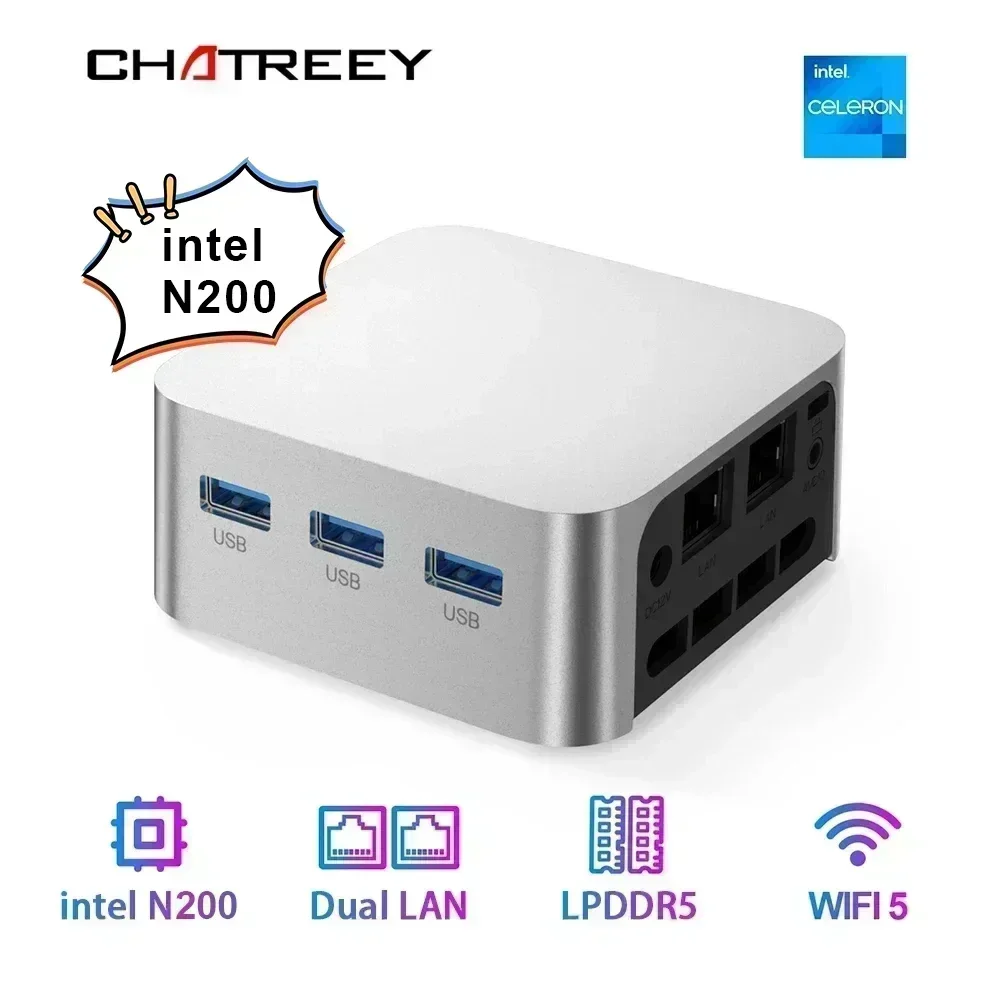 Chatreey T8 كمبيوتر صغير Intel Celeron رباعي النواة N200/N100 كمبيوتر الجيب 3xHD 2.0 2xGigabit Ethernet Windows 11 Wifi5