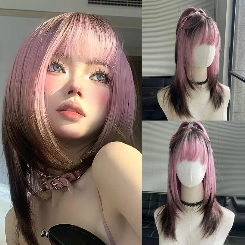 Long Layered Ombre Pink Brown Synthetic Women Wig Long Straight Cosplay Daily Woman Korean Natural Fake Hair Wigs with Bangs