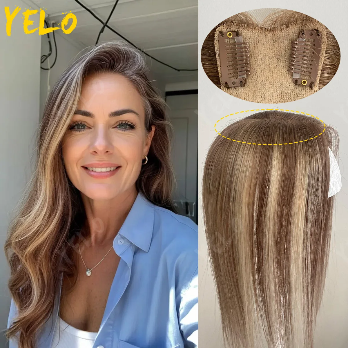 

Ombre Balayage Blonde Straight Human Hair Topper 7X11Cm Injected Pu Base Toppers Virgin Hair With 3 Clip In Extensions For Women