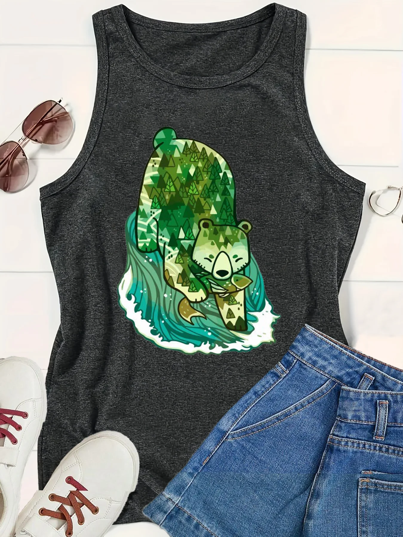 Fishing Bear Forest Animal Spirit River Art Loose O Neck Sleeveless Casual Women's Tank Top