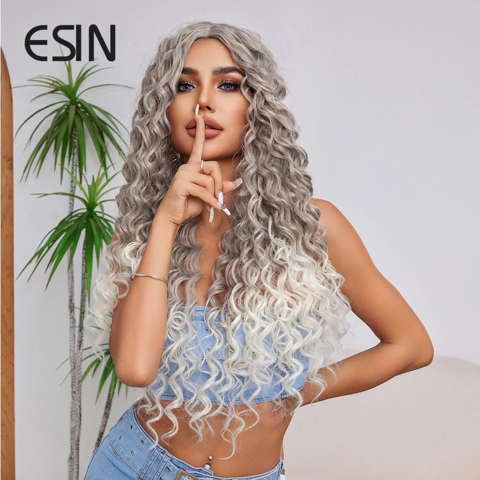 ESIN Synthetic Ombre Dark Gray to Light Gray Color Wigs Medium Long Loose Body Wave Wig Hair Cosplay Natural Daily Use for Women