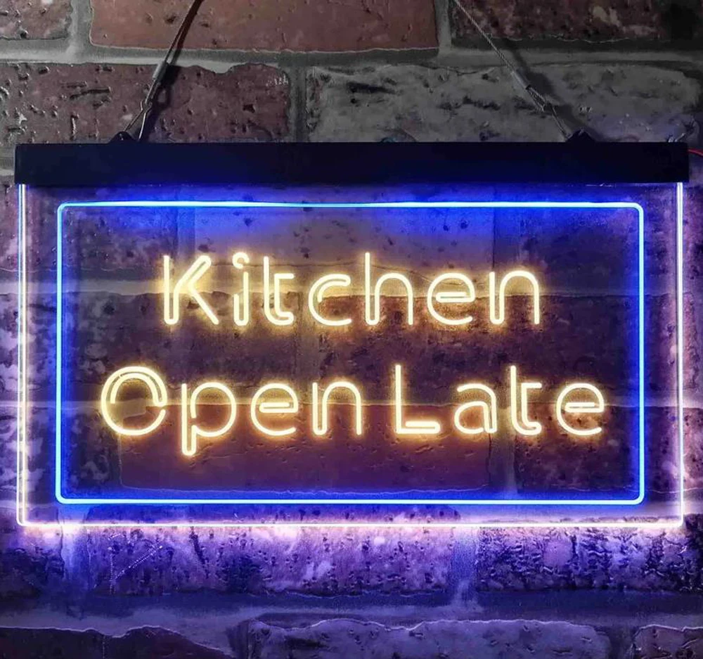 Custom Dual Color LED Neon Sign Kitchen Open Late Night Eat Restaurant Open Neon Light Restaurant Bar Kitchen Open Late LED Neon