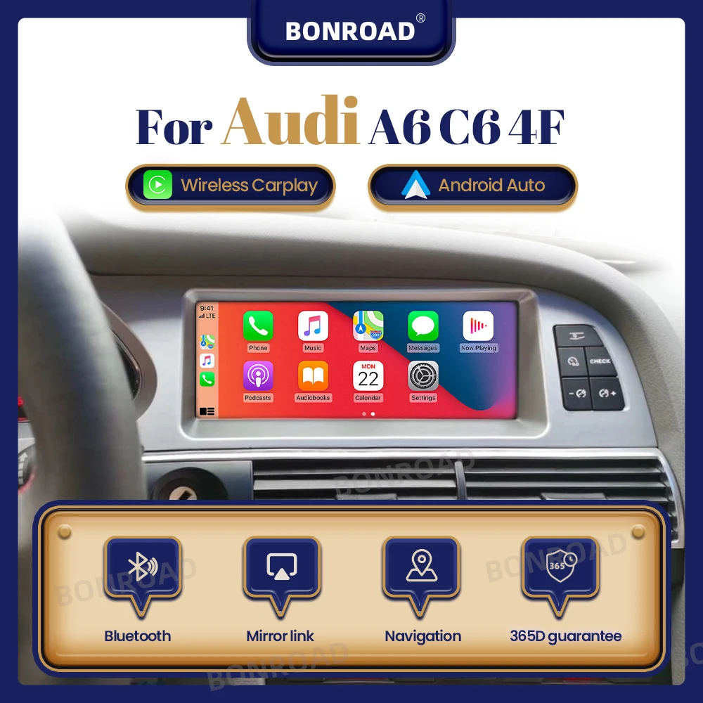 BONROAD Wireless CarPlay e Android Auto Touch Screen Autoradio Per Audi A6 C6 4F 2005-2015 Lettore Multimediale di Navigazione GPS