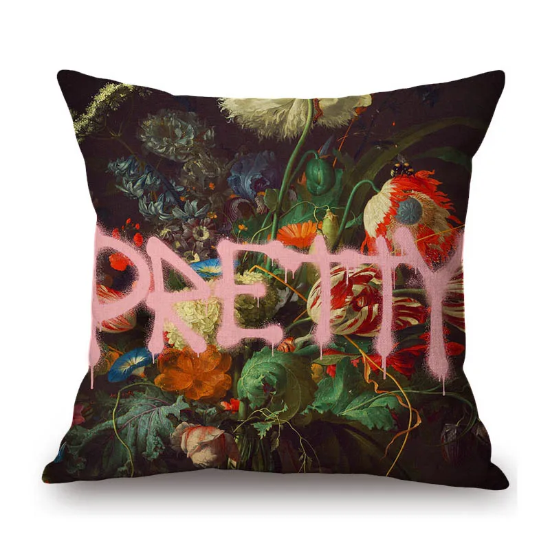 Altered Art Letter Floral Oil Painting Flower Model Art Cotton Linen Sofa Throw Pillow Case Quality Car Chair Seat Cushion Cover