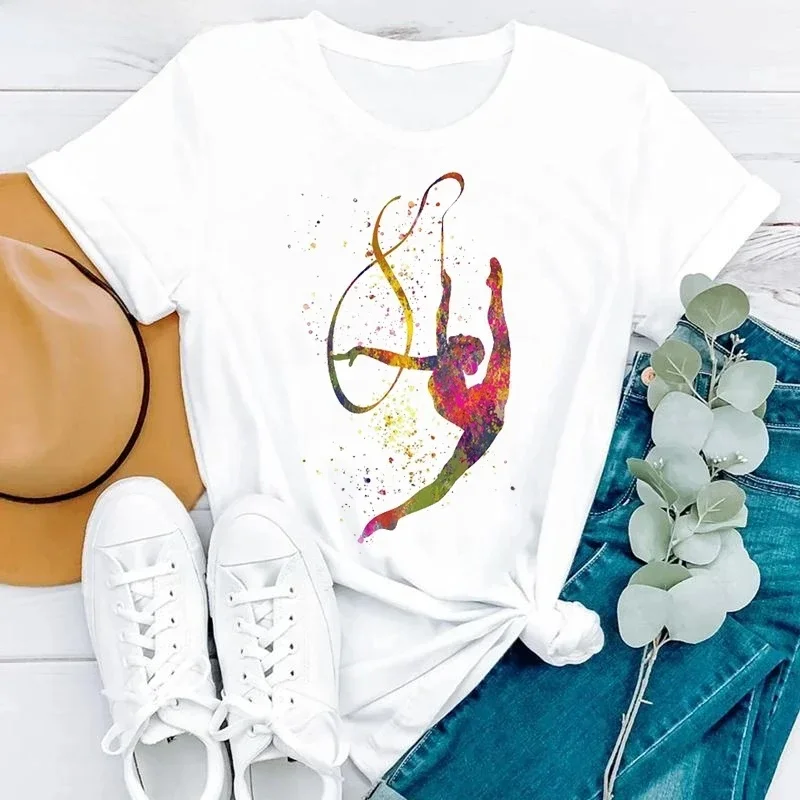 Gimnastyka baleriny tancerz T Shirt akwarela gimnastyczna tancerka baletowa koszulka z nadrukiem damskie koszulki z nadrukami estetyczne ubrania — zdjęcie 2