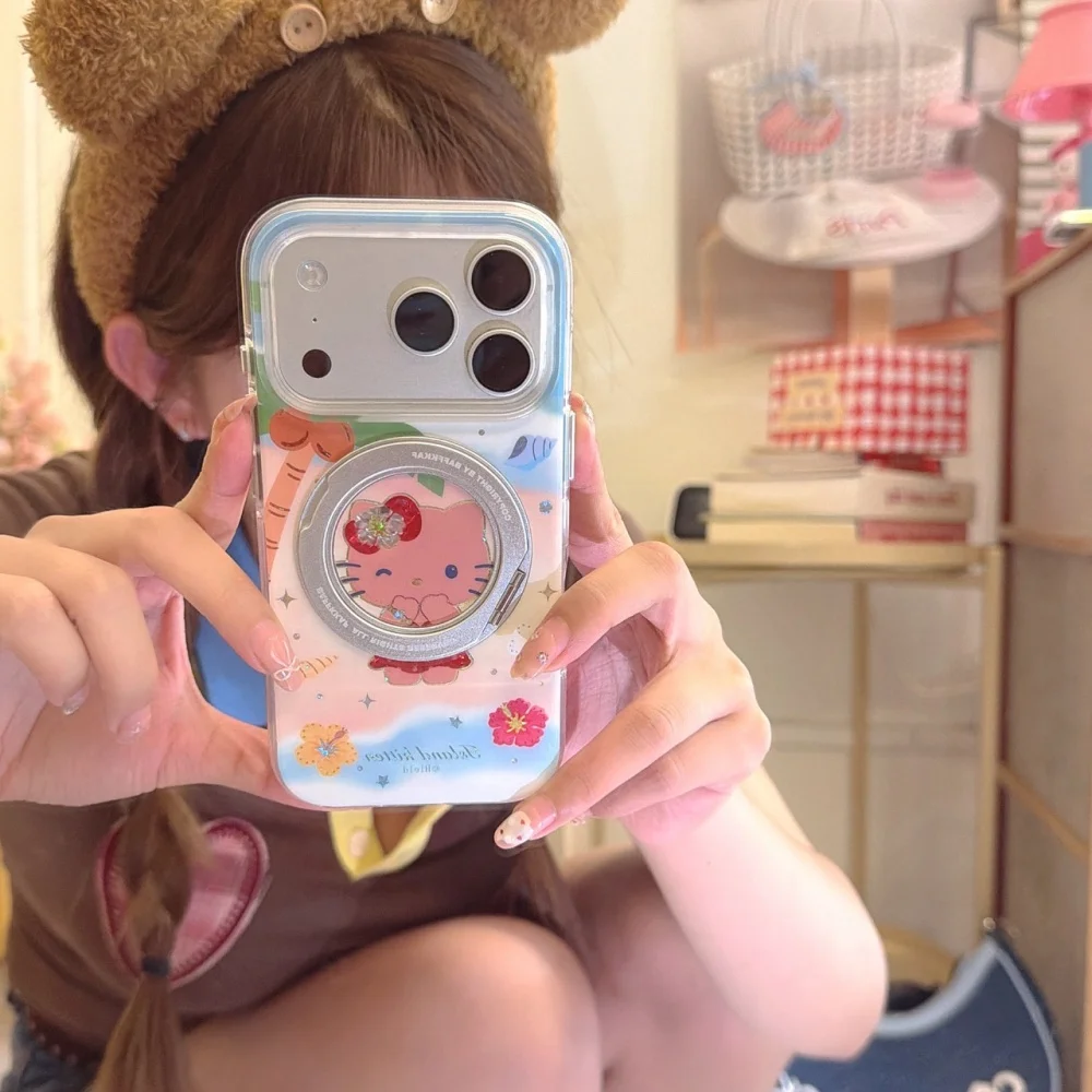 Korean Glitter Flower Hellokitty Magnetic Phone Case for iPhone 17 16 15 Pro Max 18 17 Pro 16 Pro Cover With Magsafe Stand Cases view 3