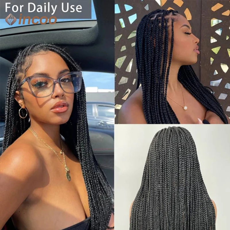 Synthetic Full Lace Braided Wigs for Black Women 36 Inches Knotless Box Braids Wig Lace Frontal Wig with Baby Hair Afro American