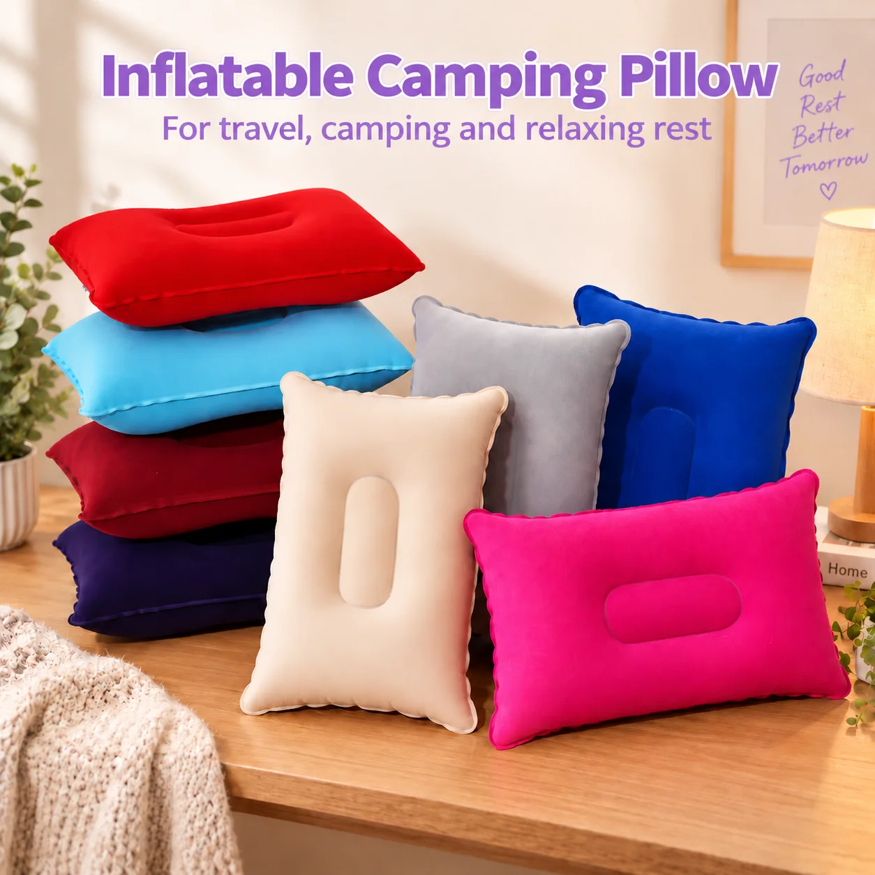 Inflatable Camping Pillow Soft Flocked Travel Cushion Lightweight Portable Air Pillow for Home Office Camping Hiking Outdoor Sle