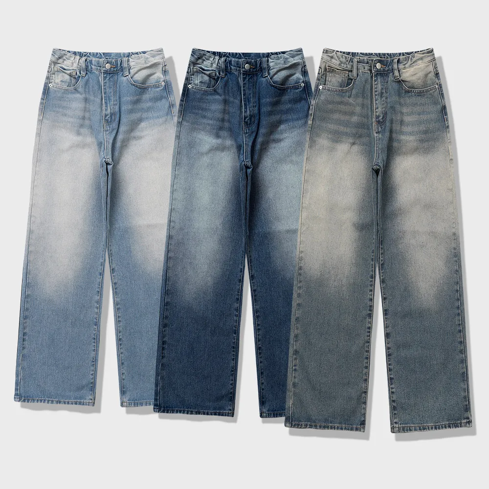 Women's Vintage Washing-out Denim Pants high-Waist Jeans Casual Blue Denim Pants straight pants