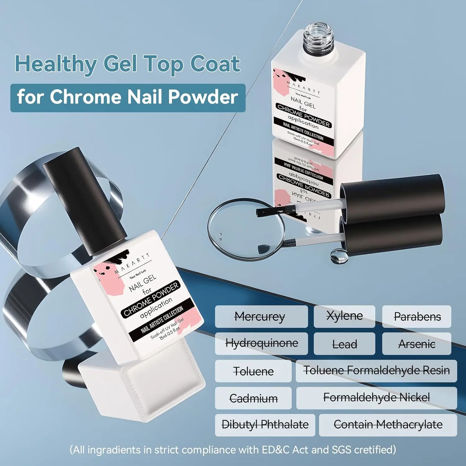 クロムネイルパウダー用ジェル トップコート：ミラーのような輝き、拭き取り不要のグロス トップコート、長持ちするソークオフ、ネイルアート用ネイルランプ、30g