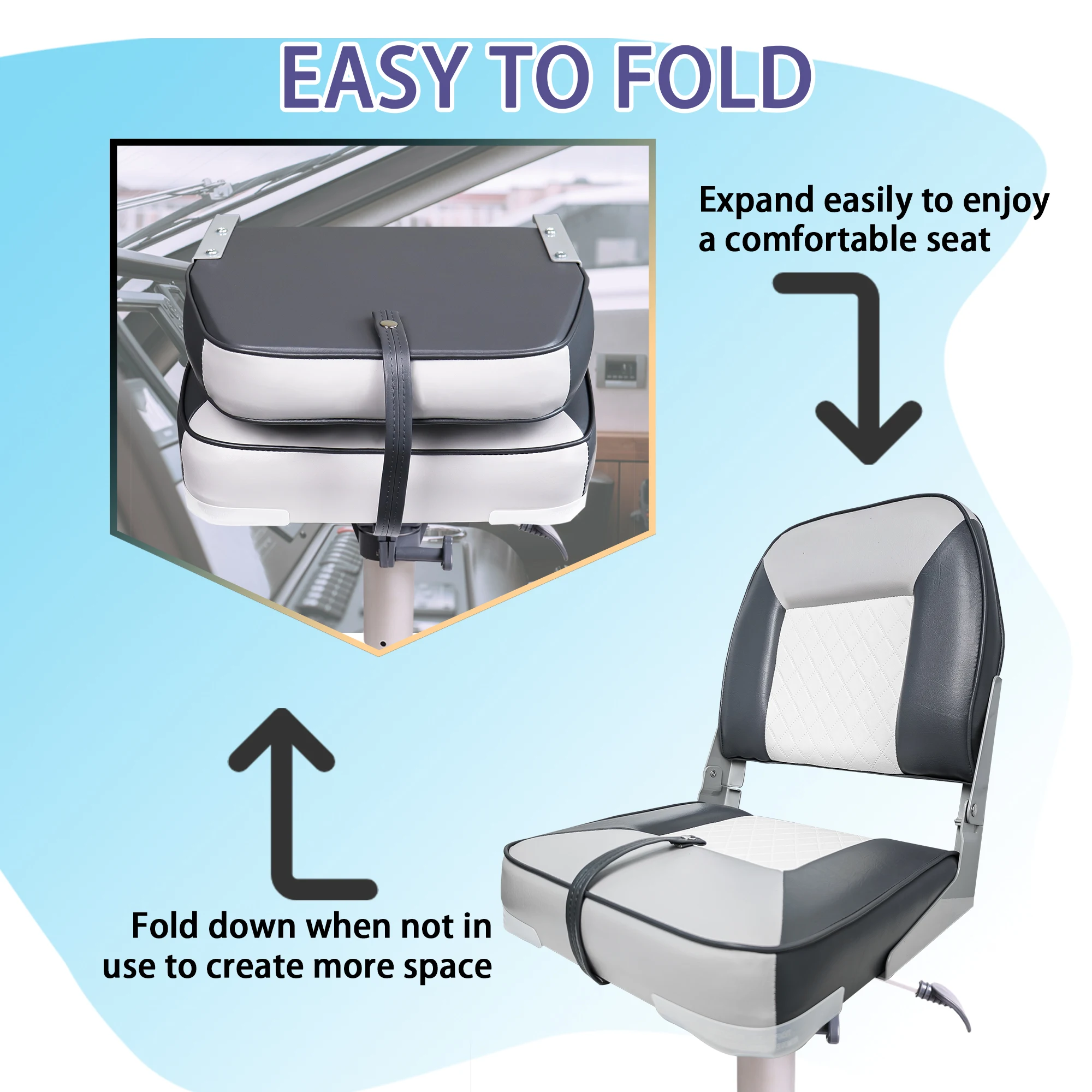 2 Pack Boat Seats Low Back Folding Seat With Waterproof PVC Aluminum Alloy Hinges Fishing Boat Chairs for Pontoon Yacht