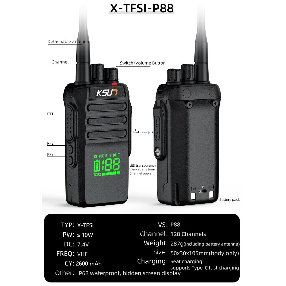 KSUT P88 10W Walkie Talkie Long Range Professional Waterproof Ip68 Amateur Radio Receiver Station VHF Boat  kayaks Marine Radios