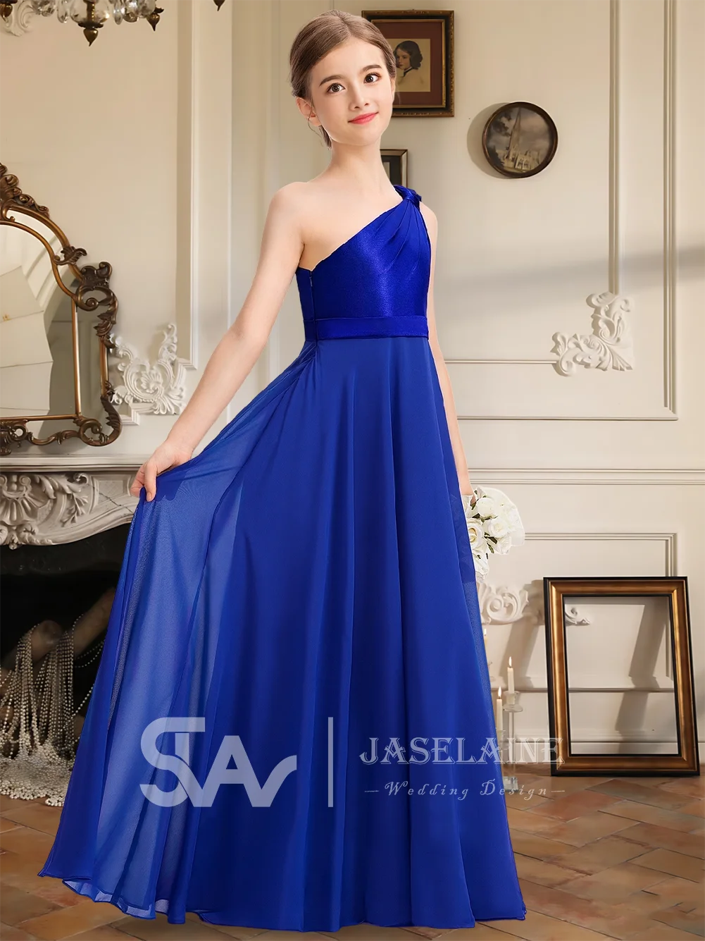 우아한 주니어 신부 들러리 드레스 새틴 한 어깨 바닥 길이 꽃의 소녀 드레스 라인 Pleated Bodice 웨딩 파티 가운