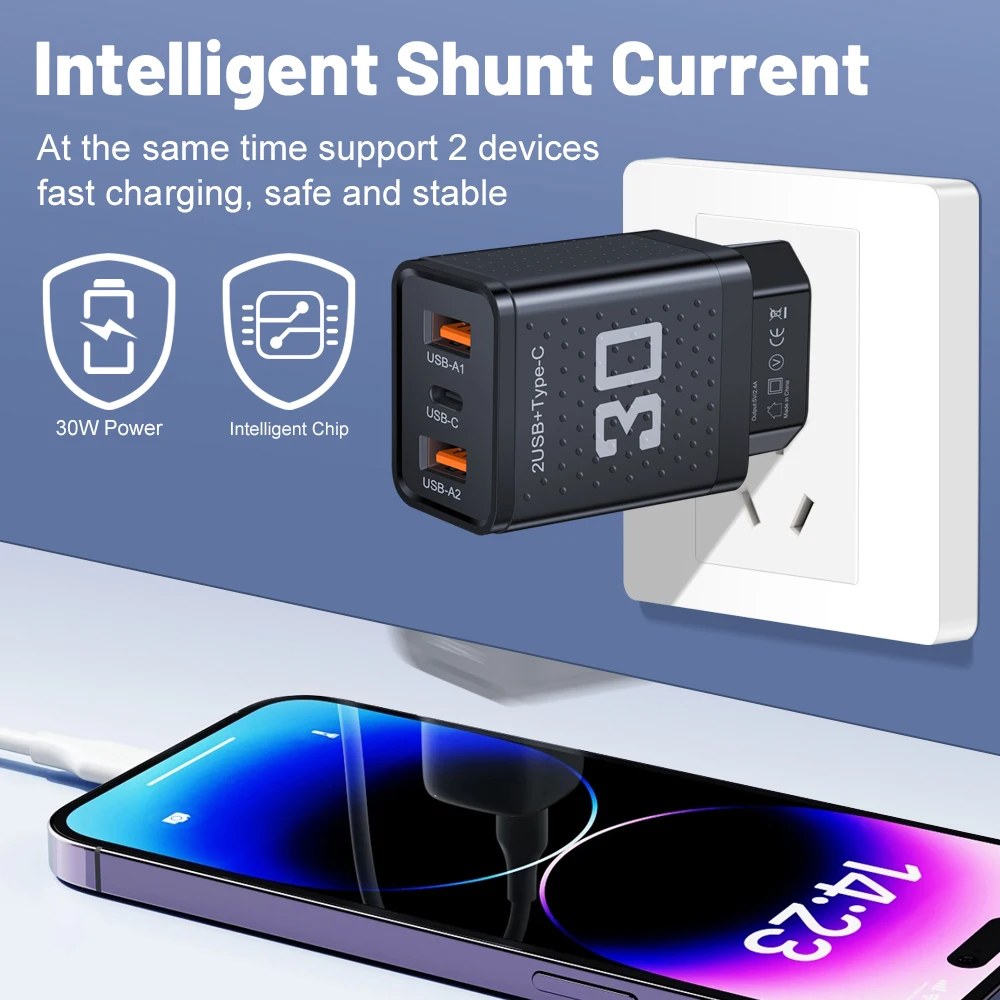 PD 30W USB Charger 3 Ports Fast Charging Charger Type C Wall Phone Adapter for iPhone 15 16 Xiaomi Samsung USB C Quick Charging