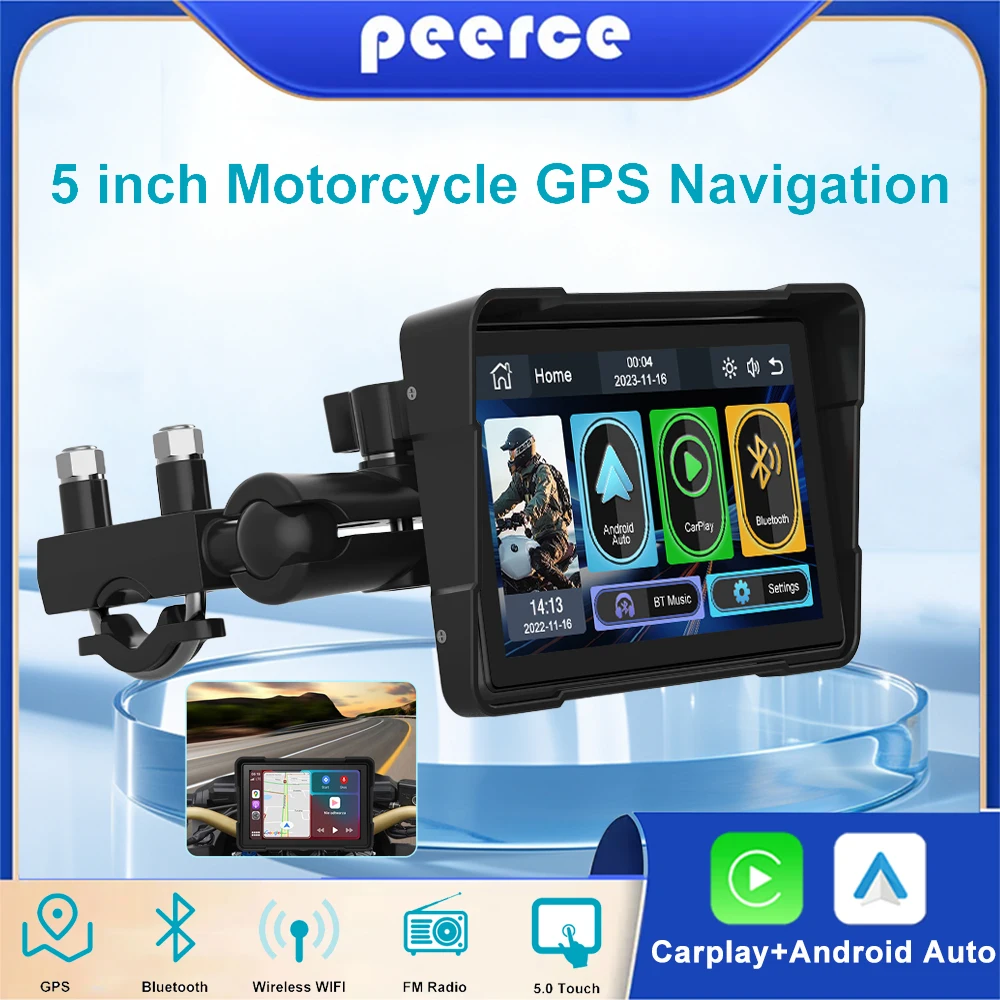 PEERCE 5 Inch Portable Motorcycle CarPlay GPS Navigation Waterproof Display Android Auto HD 1080P Touch Screen Dash Cam TPMS