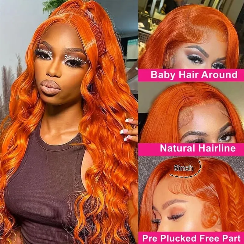 Perruque Lace Front Wig Body Wave Naturelle, Cheveux Humains, Orange, 13x6, Couleur #350, Pre-Plucked, Naissance des Cheveux Naturelle, 30 Pouces, Vidéo, pour Femme