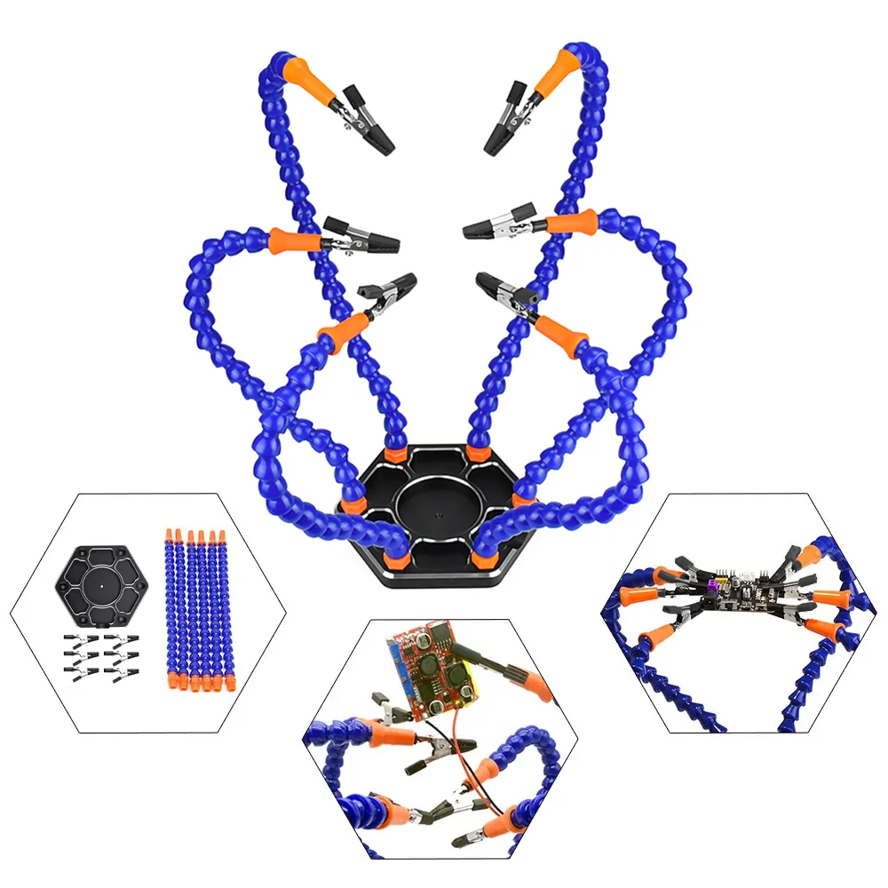Outil de support rapide PCB de troisième main avec 6 bras flexibles réglables, main auxiliaire de soudage adaptée à l'assemblage de réparation de soudure