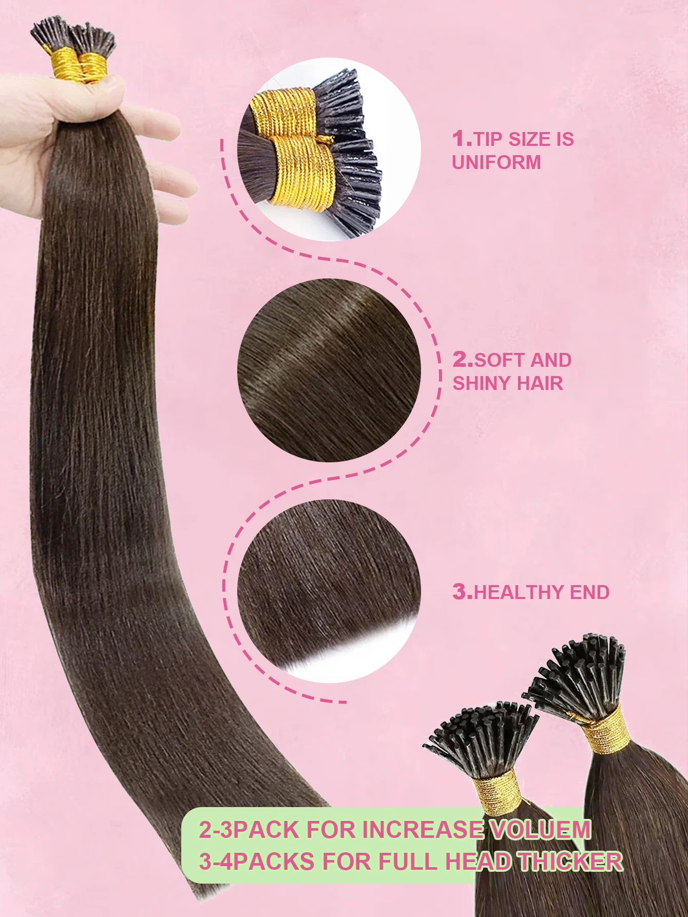 Hot Fusion I Tip Human Hair Extensions Keratin-Treated Natural Straight Hair Easy to Install&Long Lasting Soft&Smooth Hairpieces