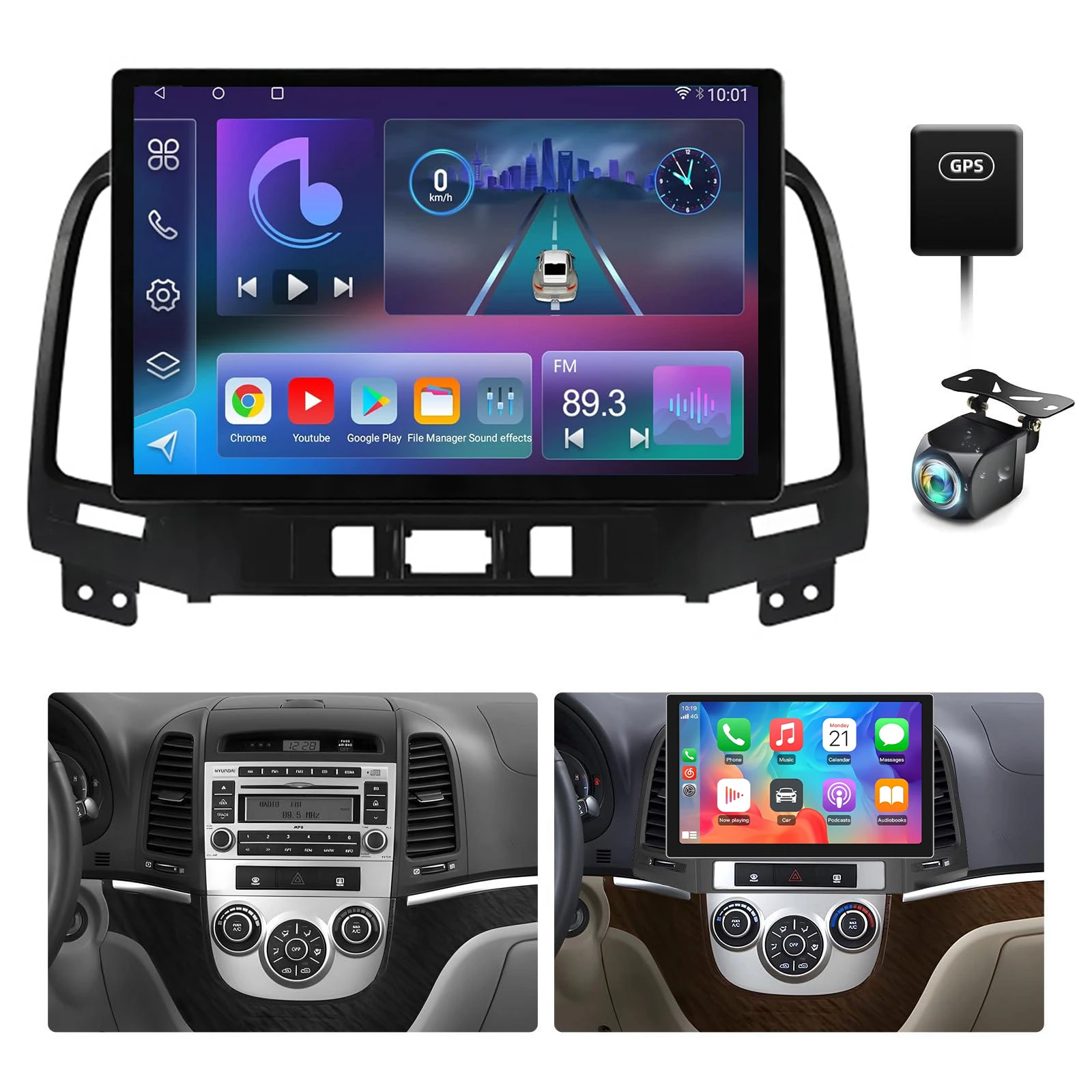 

13-дюймовая автомобильная магнитола для Hyundai Santa Fe 2006-2012 с беспроводным CarPlay, Android Auto, сенсорным экраном, GPS, Bluetooth, Wi-Fi